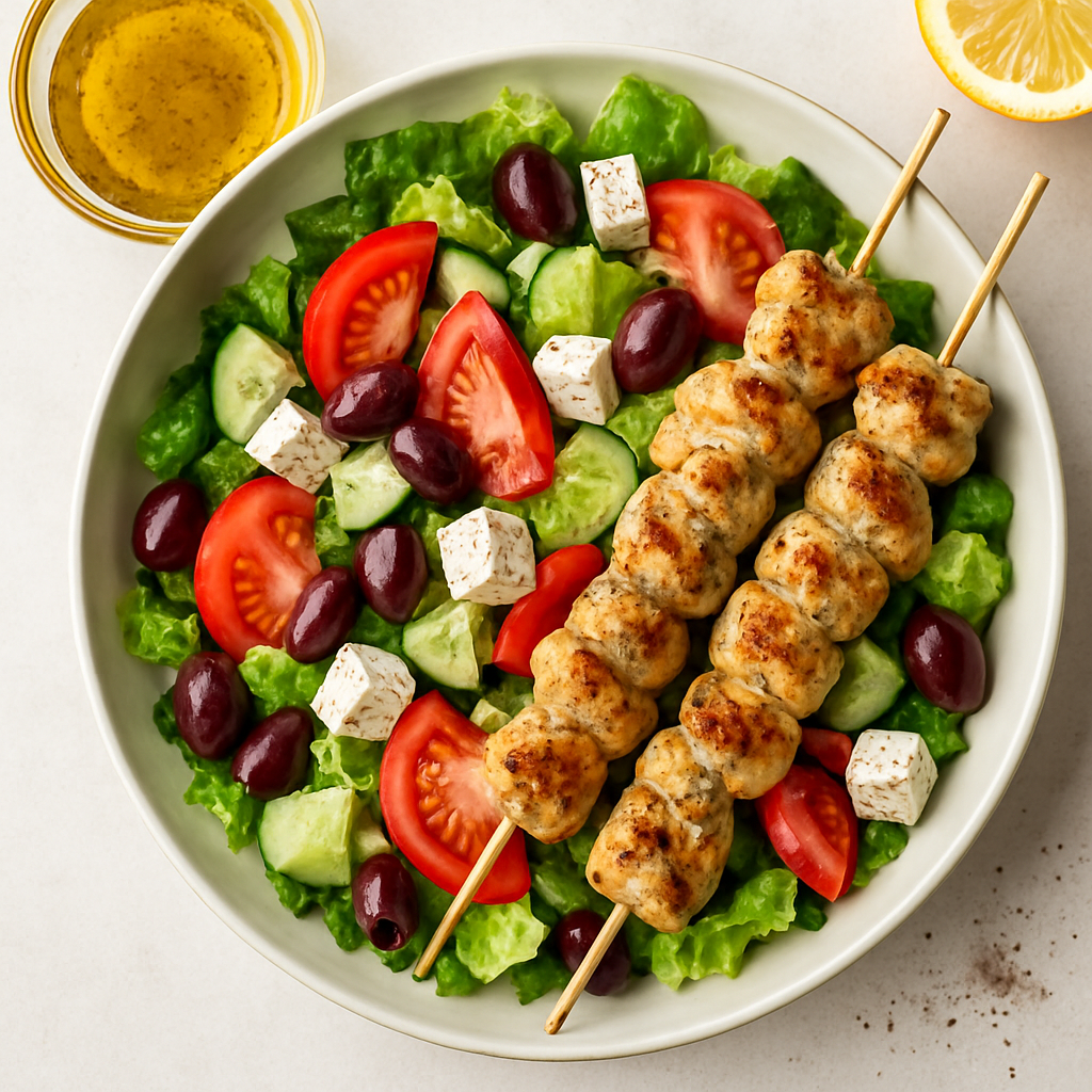 Greek Salad with Marinated Chicken Skewers