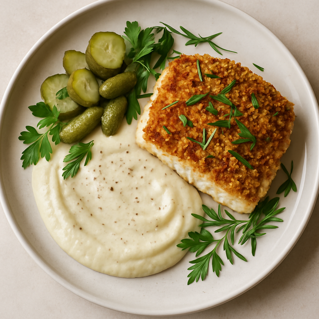 Brioche Crusted Fish with Jerusalem Artichoke Puree and Pickles
