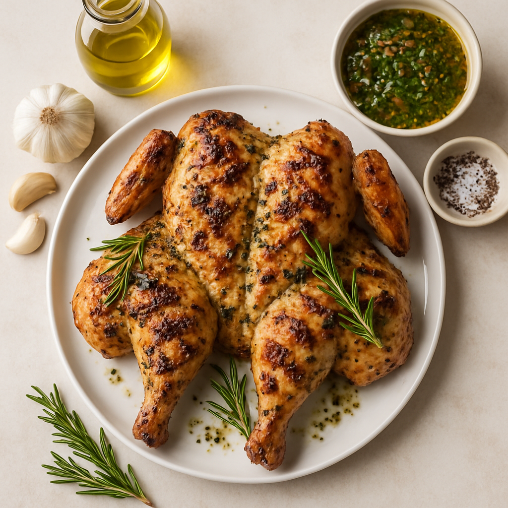 Pollo Desplumado a la Parrilla con Ajo y Hierbas