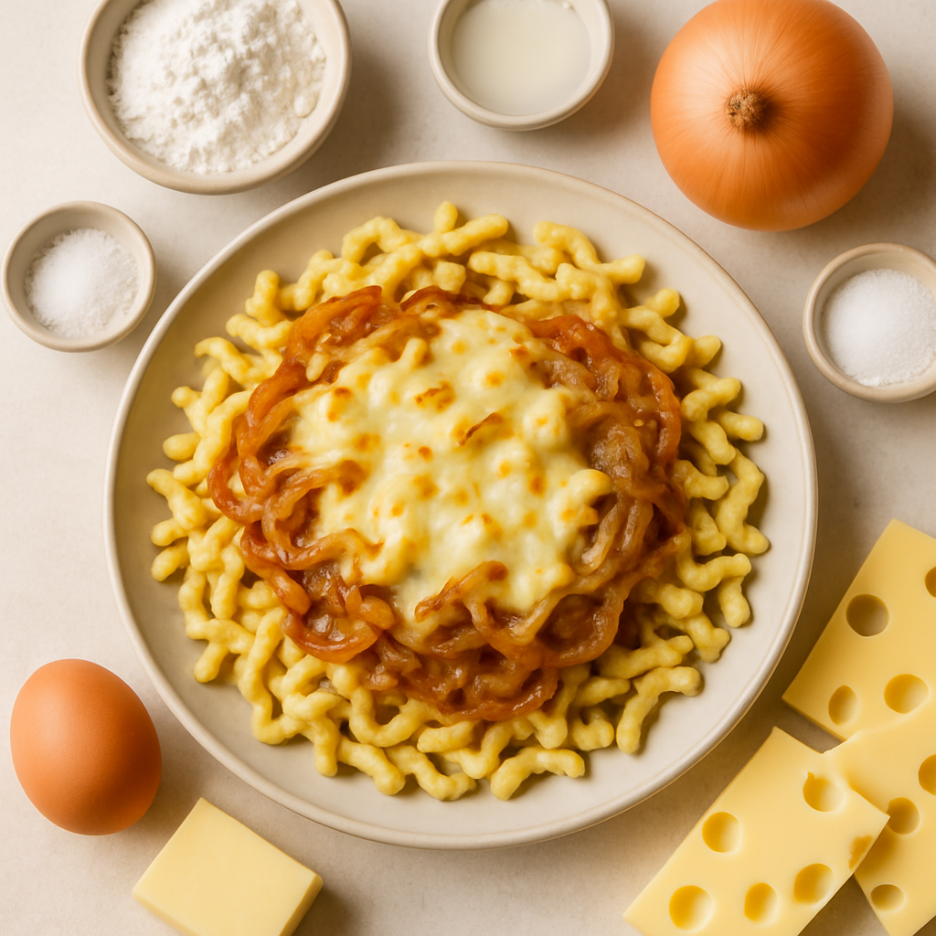 Spätzle alemán con cebollas caramelizadas y queso fundido