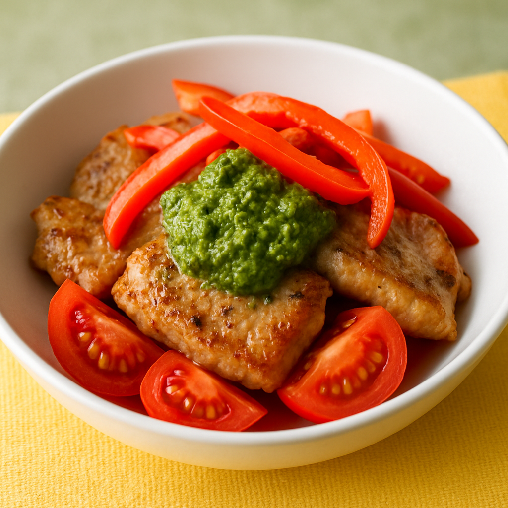 Cerdo Salteado con Pesto, Pimientos y Tomates
