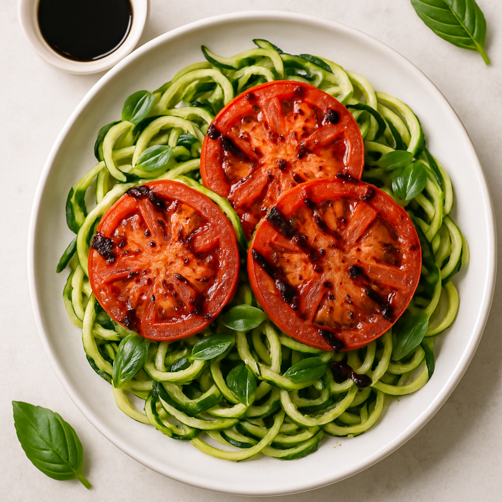 Grilled Tomatoes and Basil Zucchini Noodles with Balsamic Glaze
