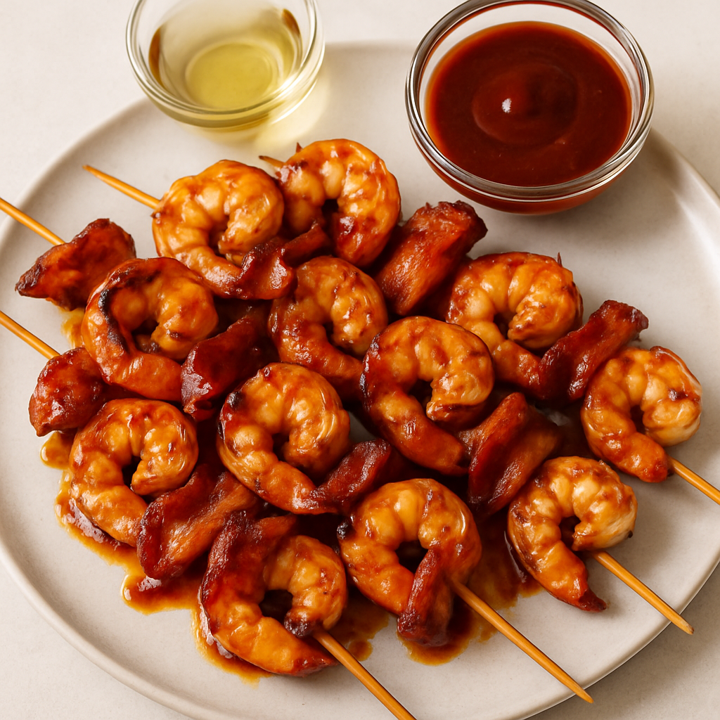 Brochetas de Camarones y Tocino a la Barbacoa