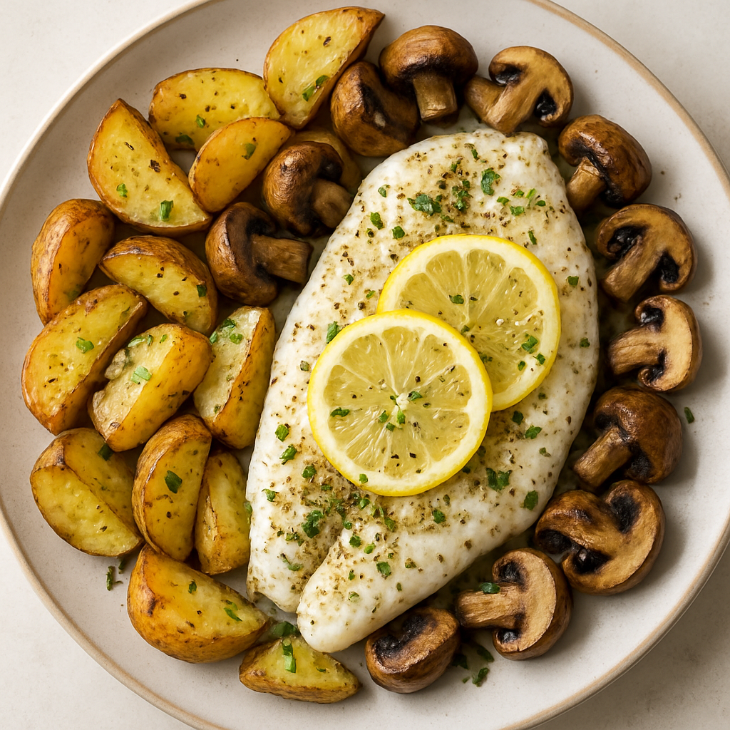 Pescado al Horno Provenzal con Papas y Champiñones Asados