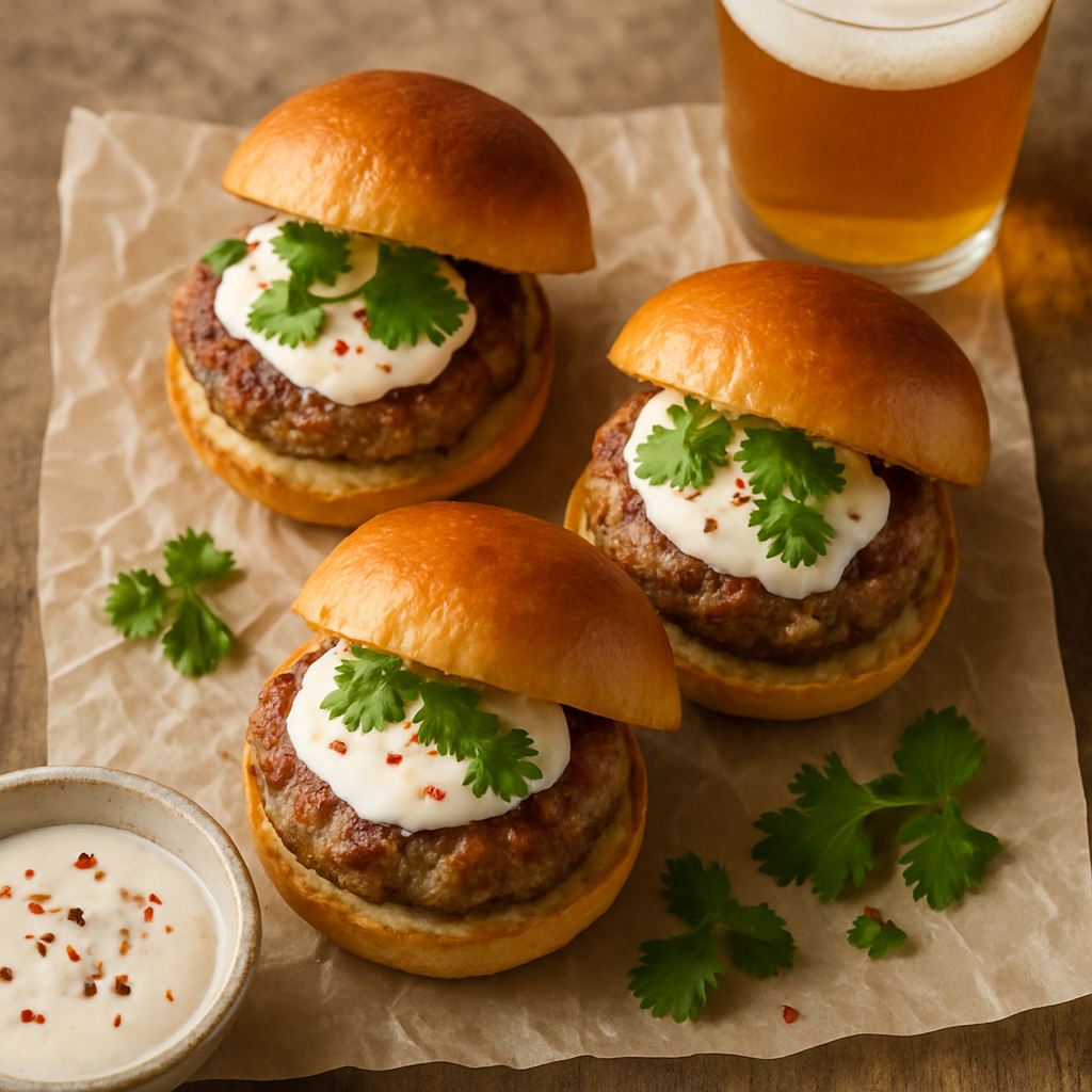 Sándwiches Pequeños de Salchicha con Crema Agria de Sriracha e IPA