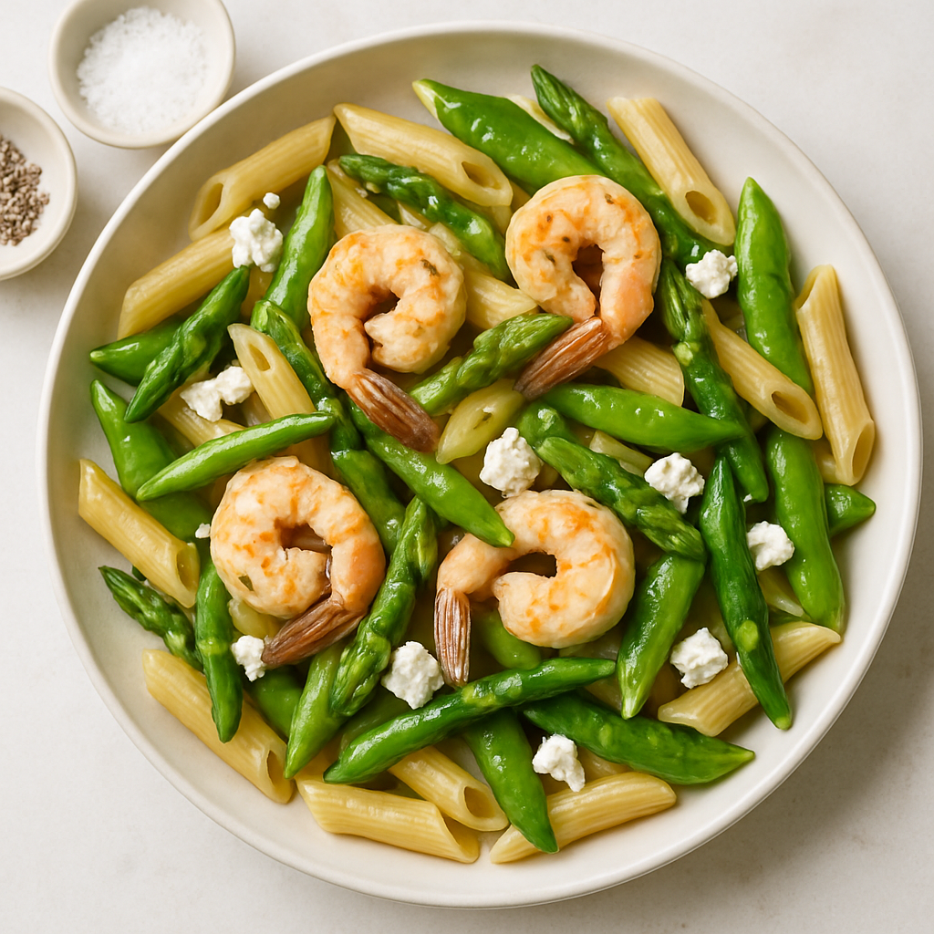Penne with Shrimp, Feta, and Spring Vegetables