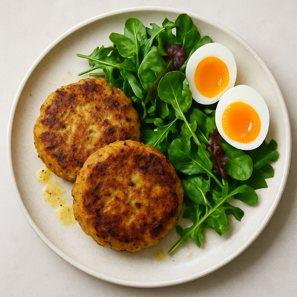 Spicy Smoked Fish Cakes with Herb Salad and Soft-Boiled Eggs
