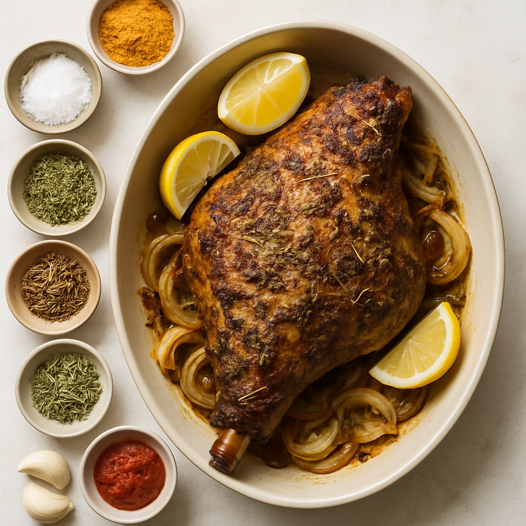 Roasted Leg of Lamb with North African Spices, Lemon, and Onions