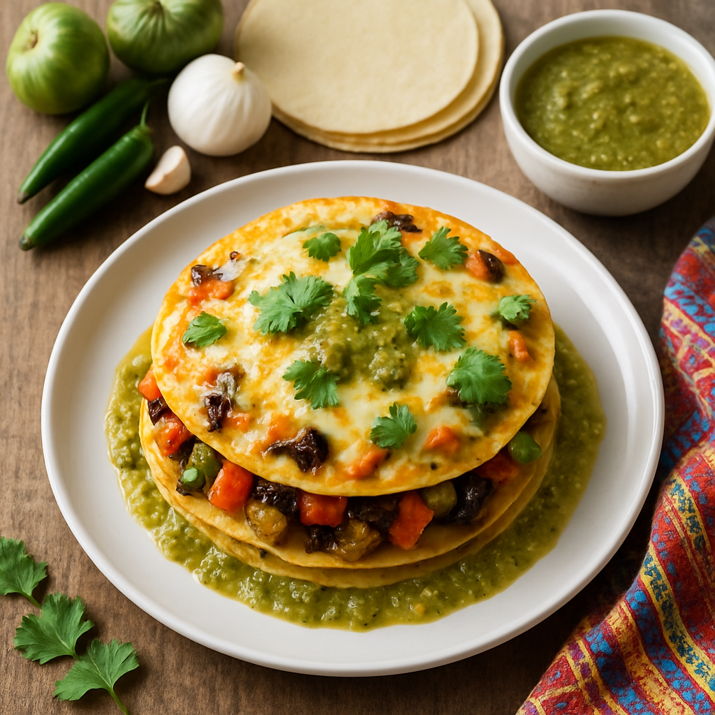 Veggie Enchilada Stacks with Roasted Tomatillo Sauce