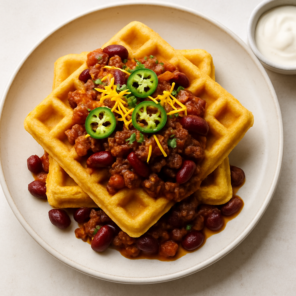 Chili and Cornbread Waffle Stacks