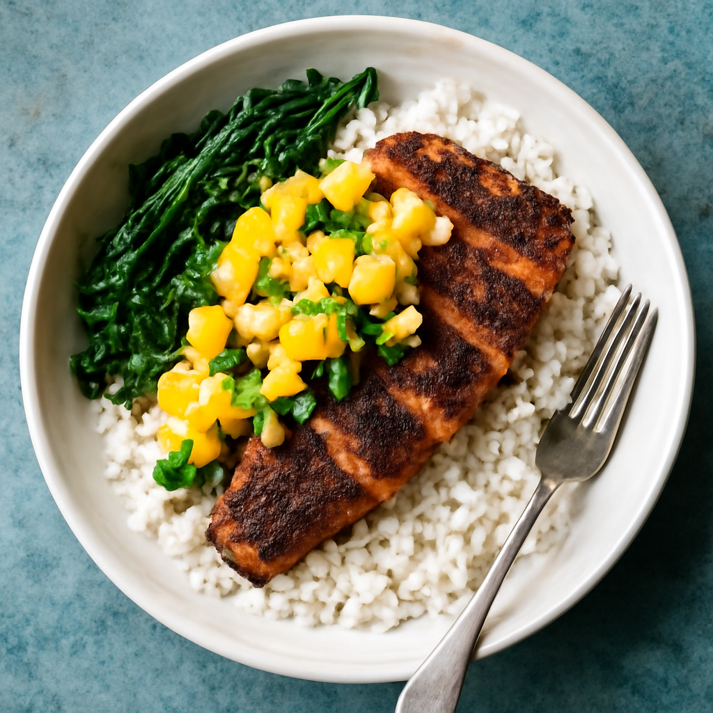 Tazón de Salmón al Jerk Caribeño con Salsa de Mango