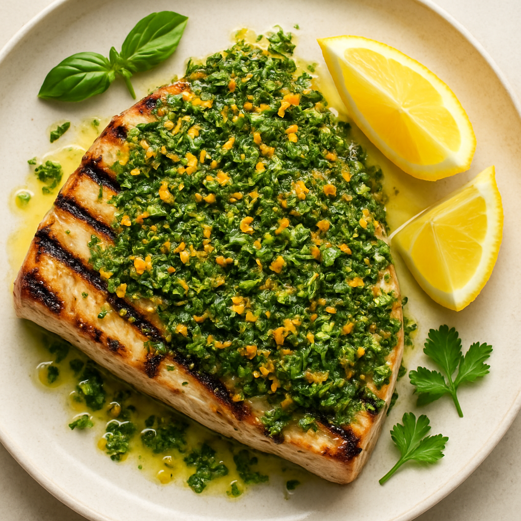 Pescado a la Parrilla con Costra de Hierbas y Cítricos