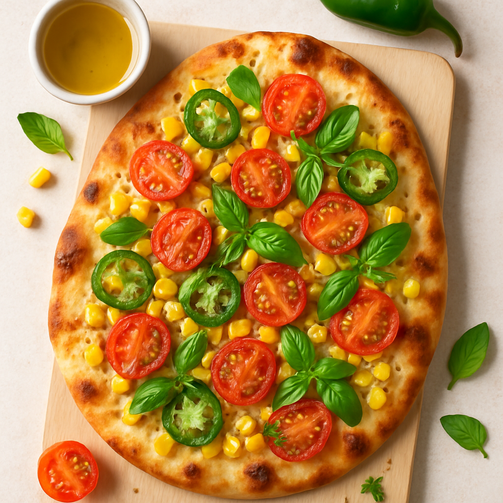 Summer Harvest Naan Pizza with Corn, Tomatoes & Jalapeño