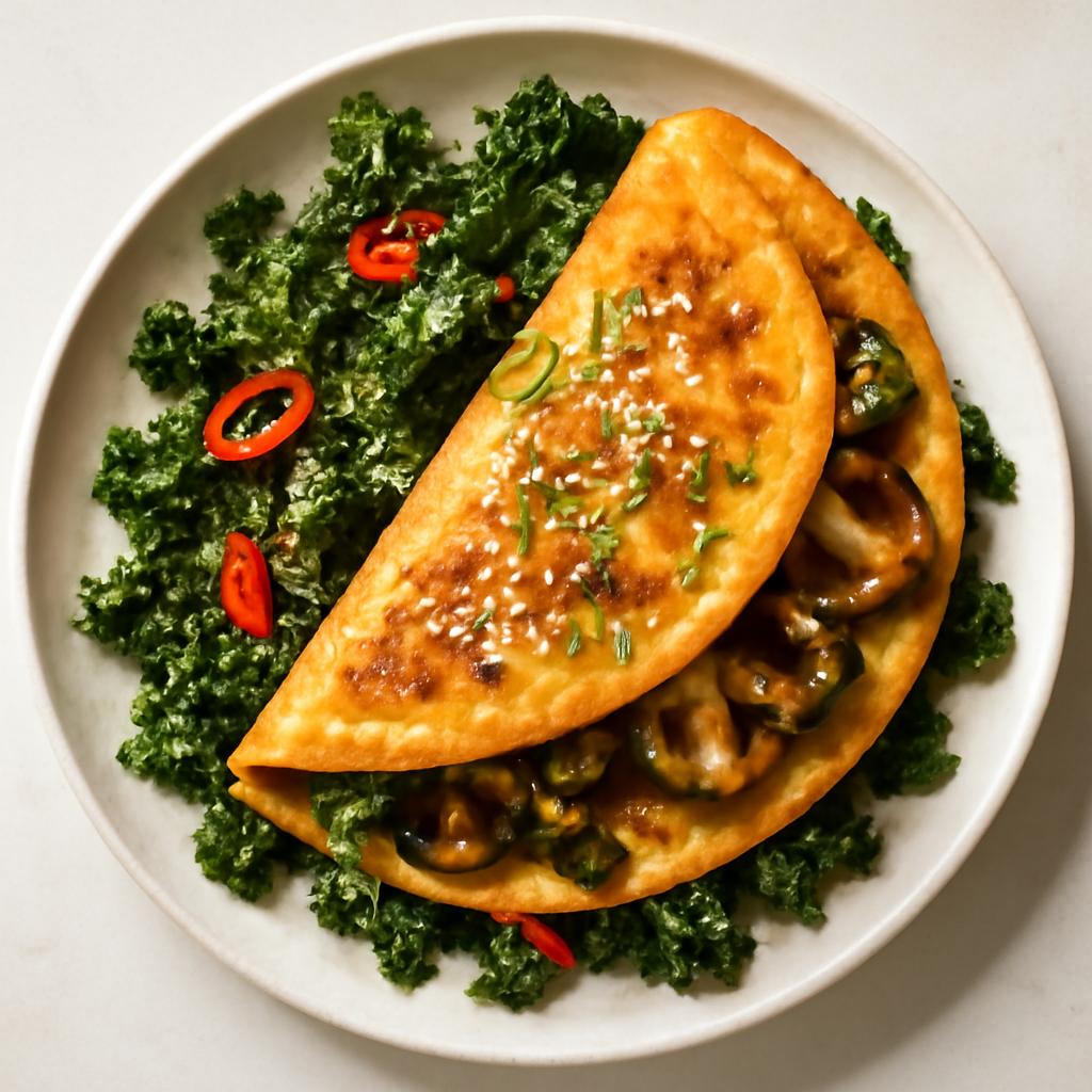 Ensalada de Col Rizada con Omelet de Miso y Champiñones