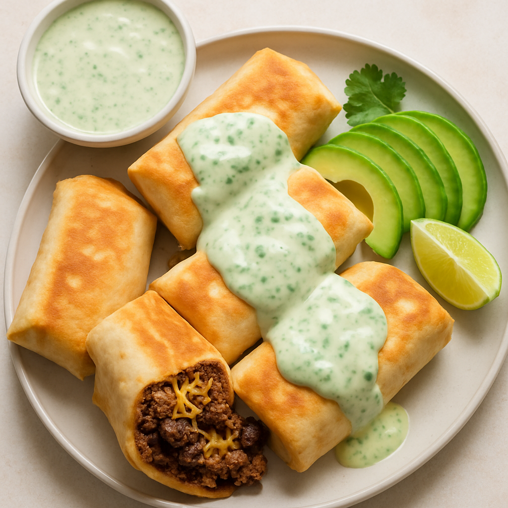 Bean & Beef Chimichangas With Cilantro Cream Sauce