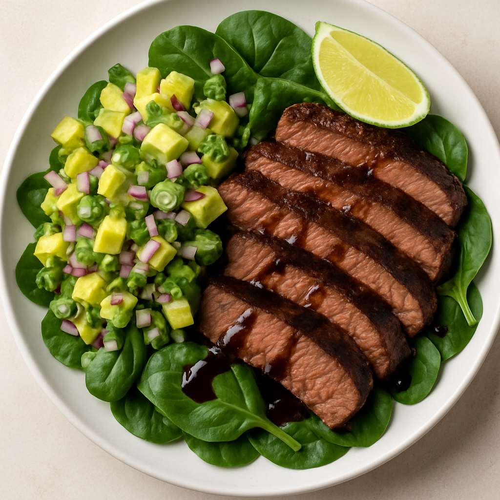 Ensalada de Espinacas con Bistec Balsámico y Salsa de Aguacate