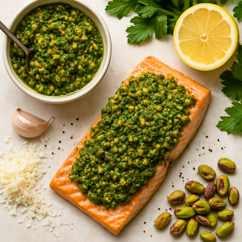 20-Minute Alaska Salmon with Pistachio-Parsley Pesto