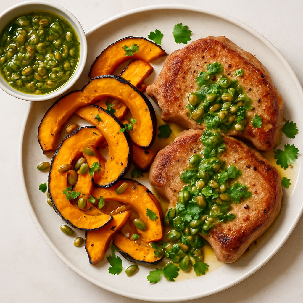 Chuletas de Cerdo y Calabaza con Vinagreta de Semillas de Calabaza
