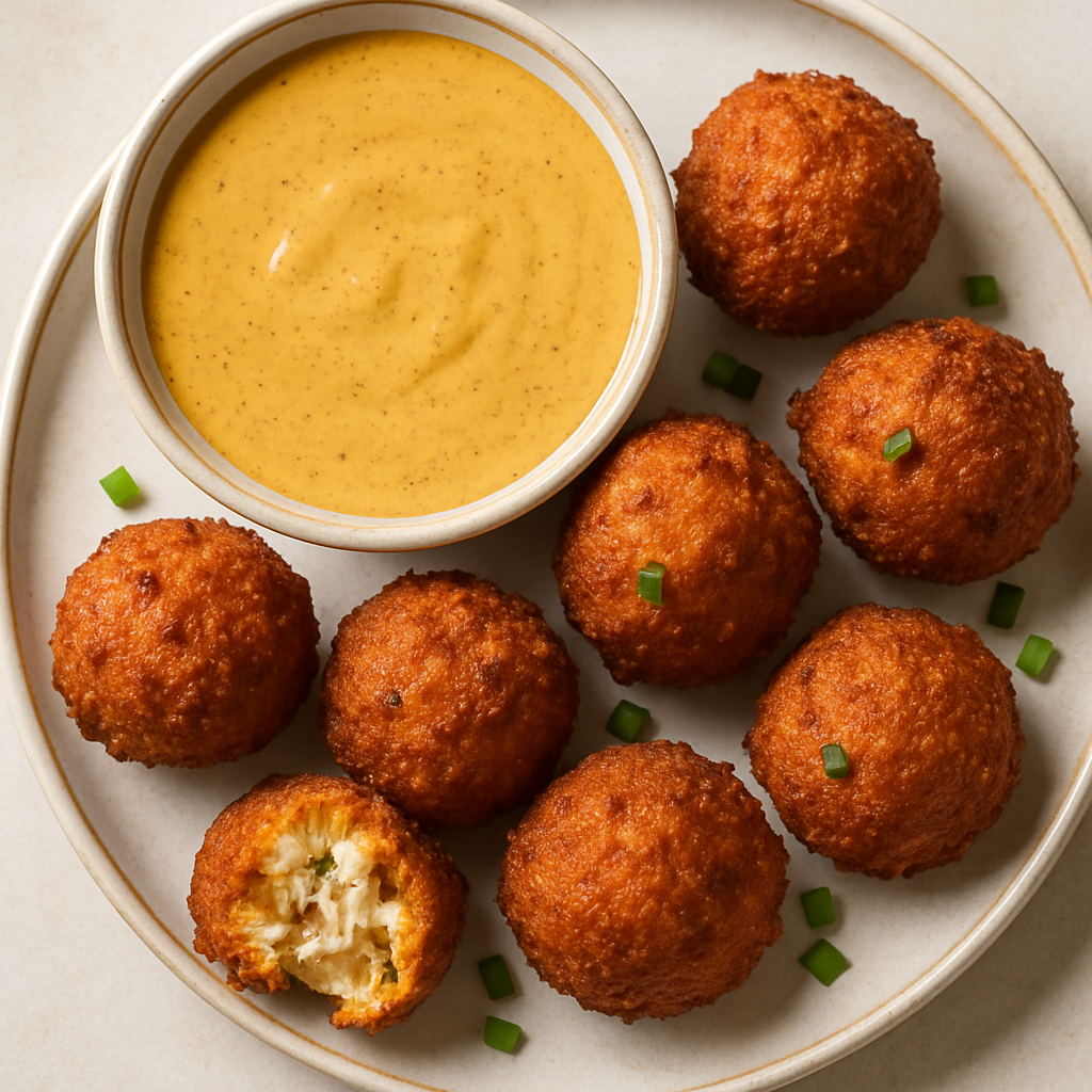 Crab Hush Puppies With Curried Honey-Mustard Sauce