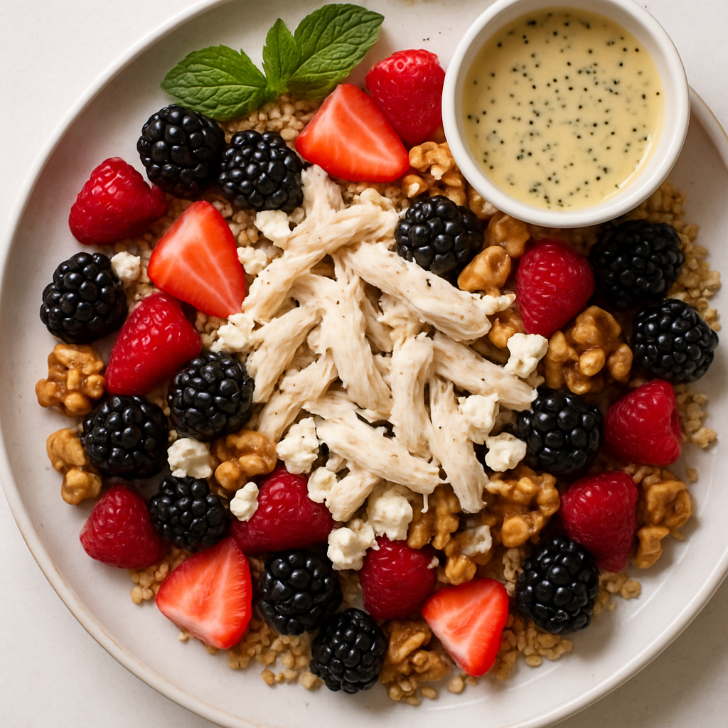 Ensalada de Frutas, Pollo y Quinua con Aderezo de Cítricos y Semillas de Amapola