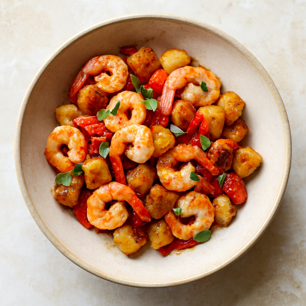 Camarones Oreganata con Gnocchi de Coliflor