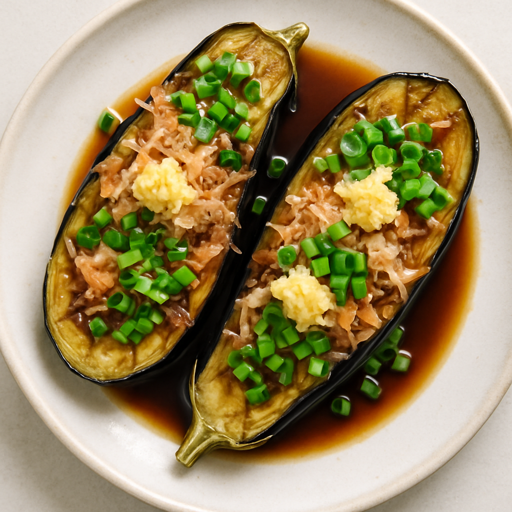 Berenjena Asada al Estilo Japonés con Bonito, Cebolletas y Jengibre