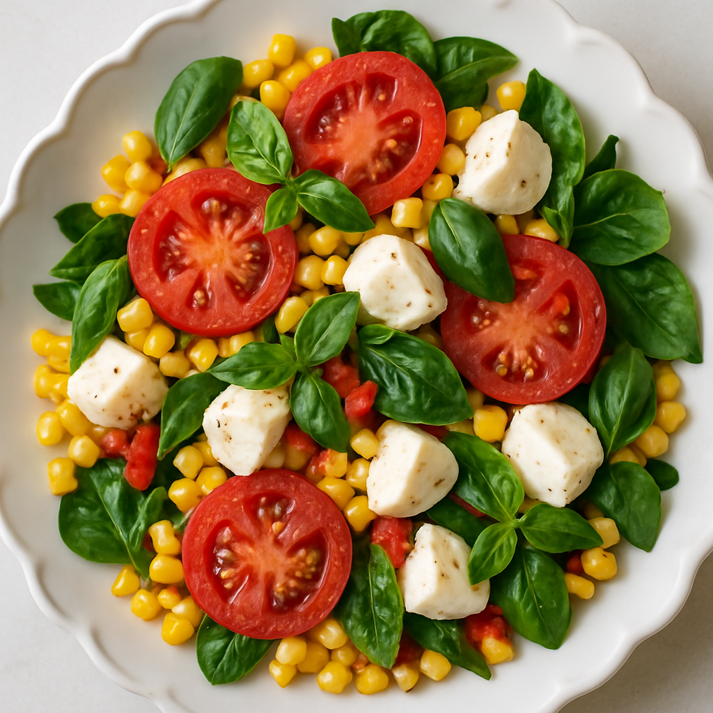 Ensalada de Maíz Dorado con Tomates, Mozzarella y Albahaca Fresca