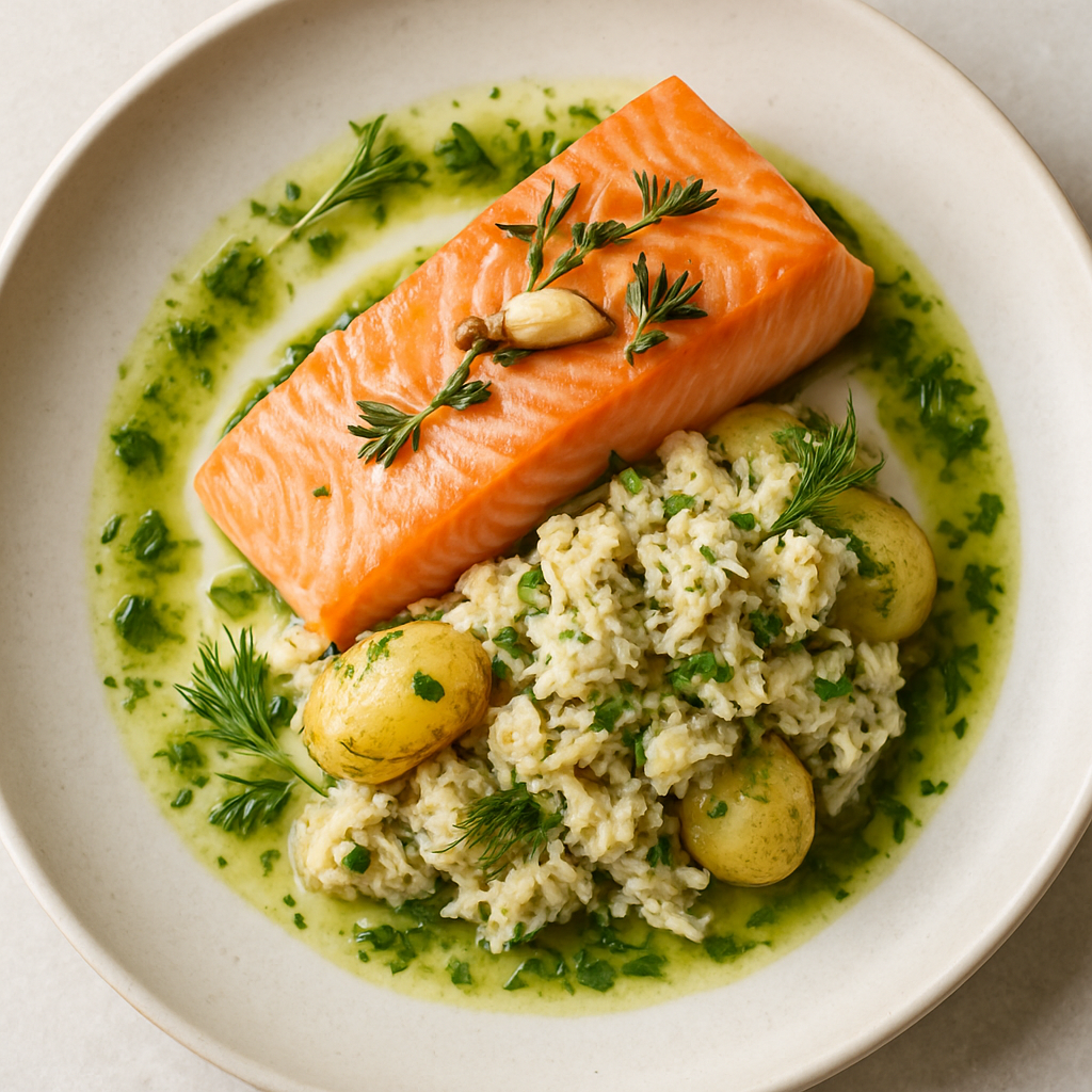 Confit of Salmon with New Potato & Crab Crush & Dill Drizzle