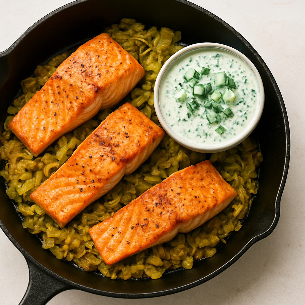 Salmón en Una Sartén Con Puerros al Curry y Salsa de Yogur con Hierbas
