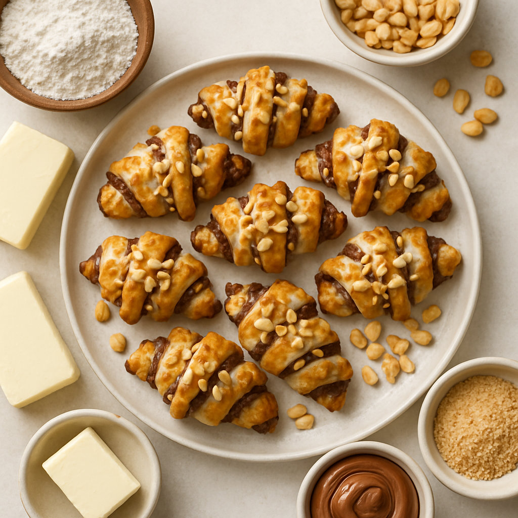 Nutella and Brown Butter Rugelach with Peanuts and Vanilla Glaze