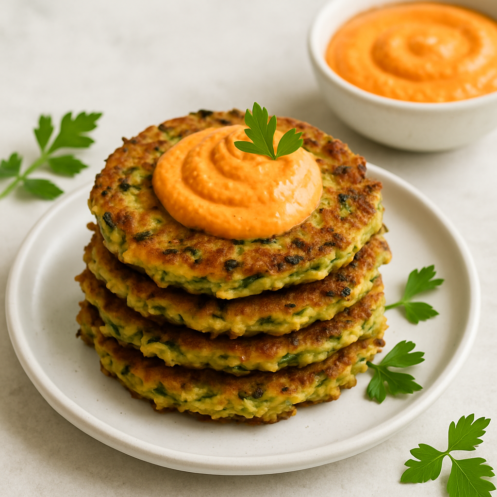 Tortitas de Calabacín con Salsa de Pimiento Rojo Asado