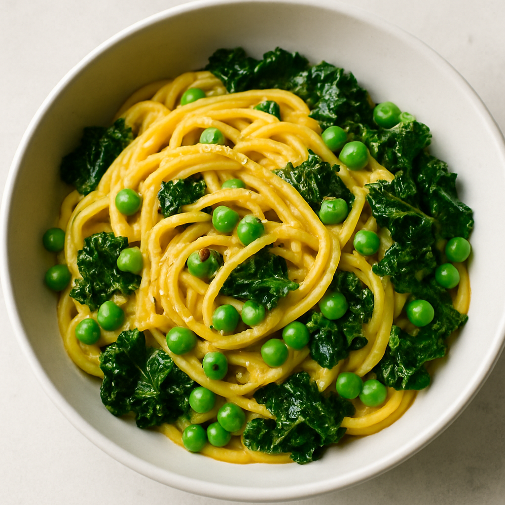 Creamy Vegan Butternut Squash Linguine with Peas and Kale