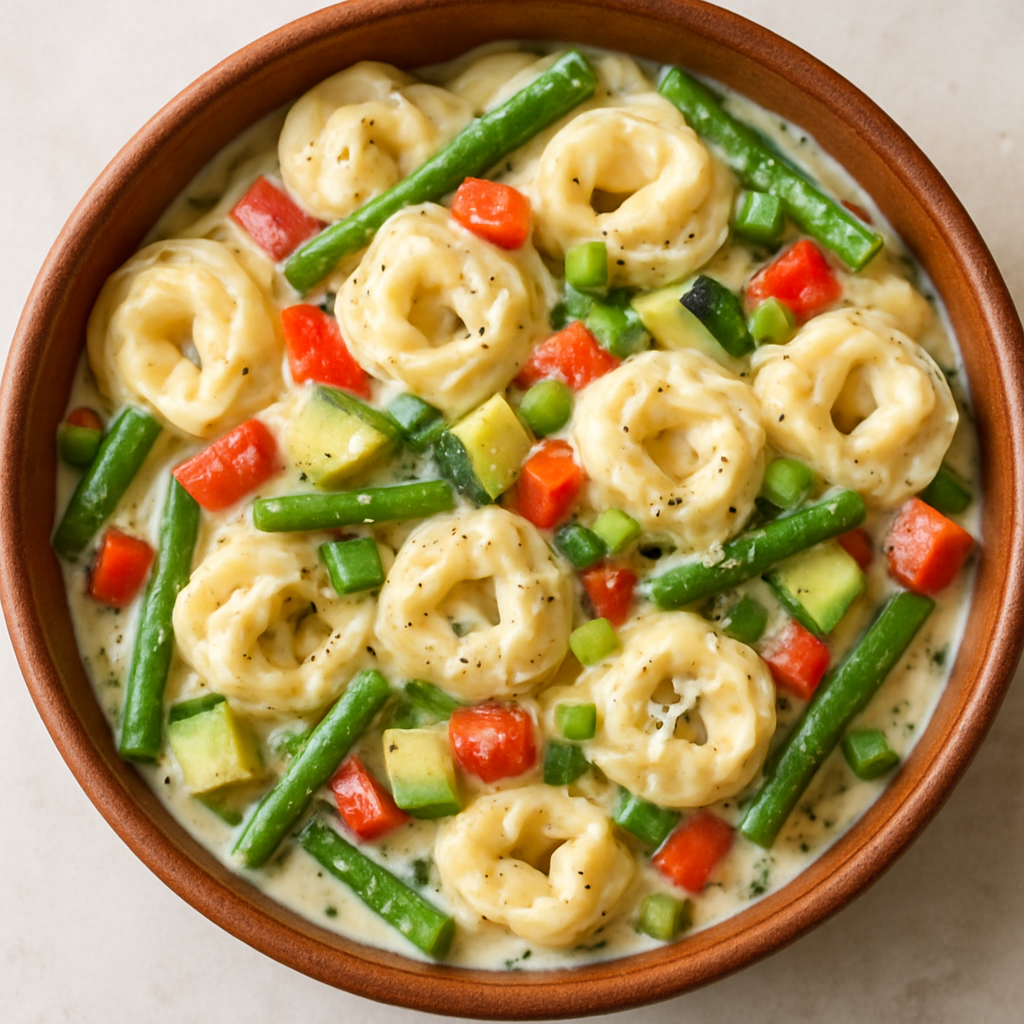 Tortellini de Verduras de Verano con Salsa Cremosa de Ajo
