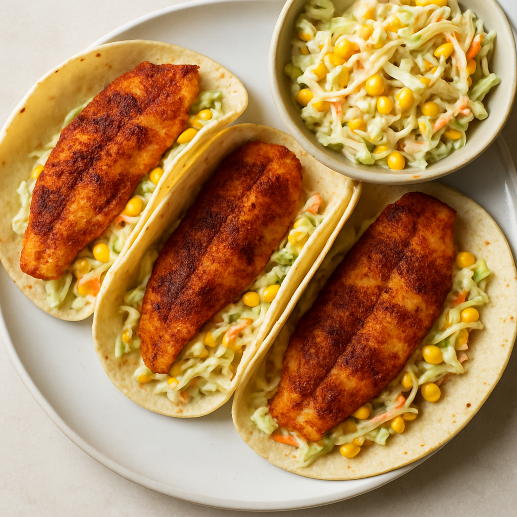 Tacos de Pescado Picante con Ensalada de Repollo y Maíz Cremoso