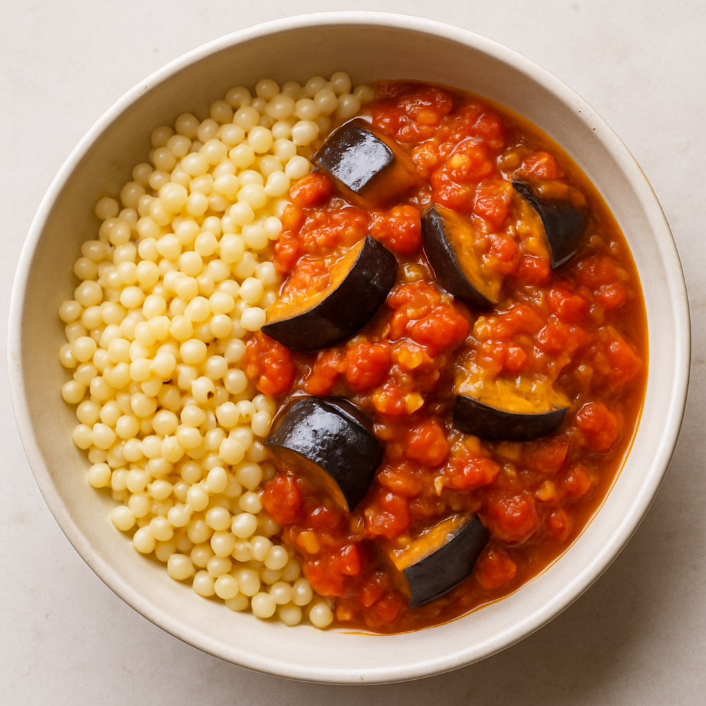 Salsa de Berenjena y Tomate con Cuscús Israelí