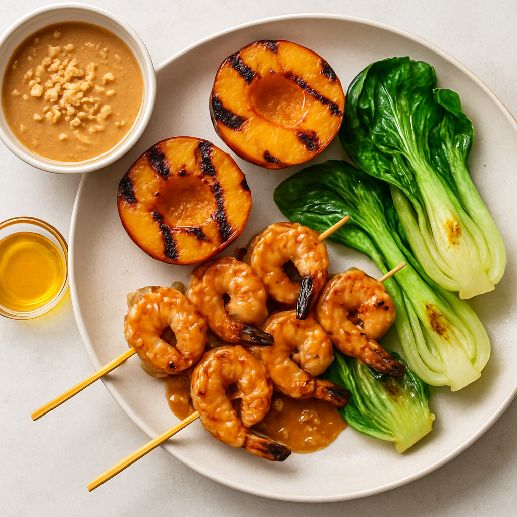 Grilled Shrimp Satay with Peaches and Bok Choy