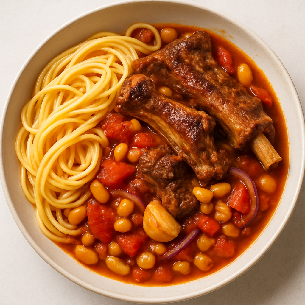 Espaguetis en Estofado de Costillas de Res y Judías Blancas