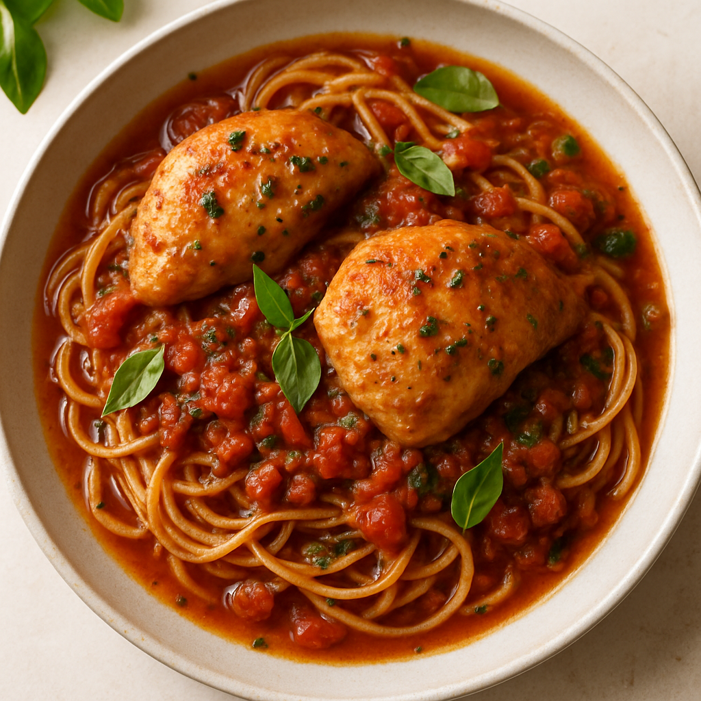 Espaguetis a la Cacciatora Boloñesa con Pollo
