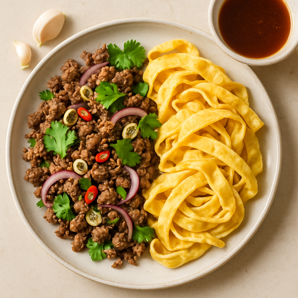 Ensalada de Carne Laosiana (Larb) Con Fideos de Tortilla