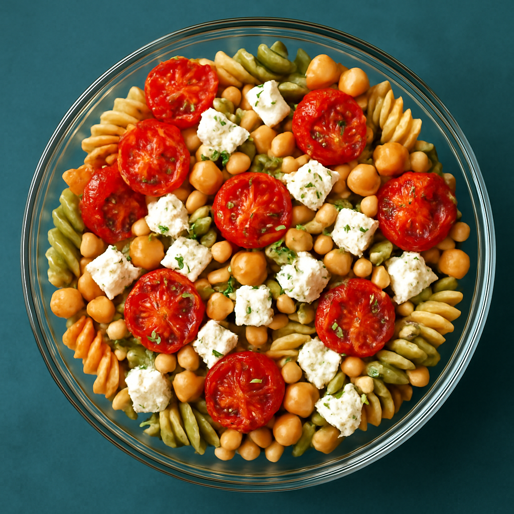 Ensalada de Pasta de Limón con Tomates Asados, Garbanzos y Queso Feta