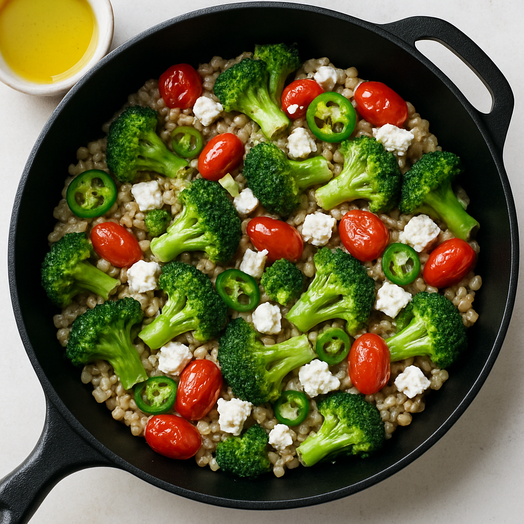 Cebada en Sartén con Brócoli, Feta y Tomates