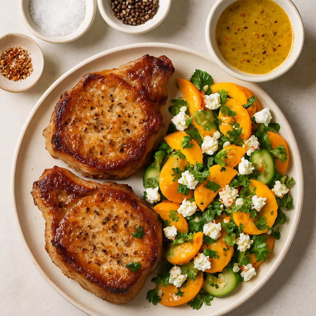Chuletas de Cerdo Especiadas con Ensalada de Albaricoque y Queso Feta