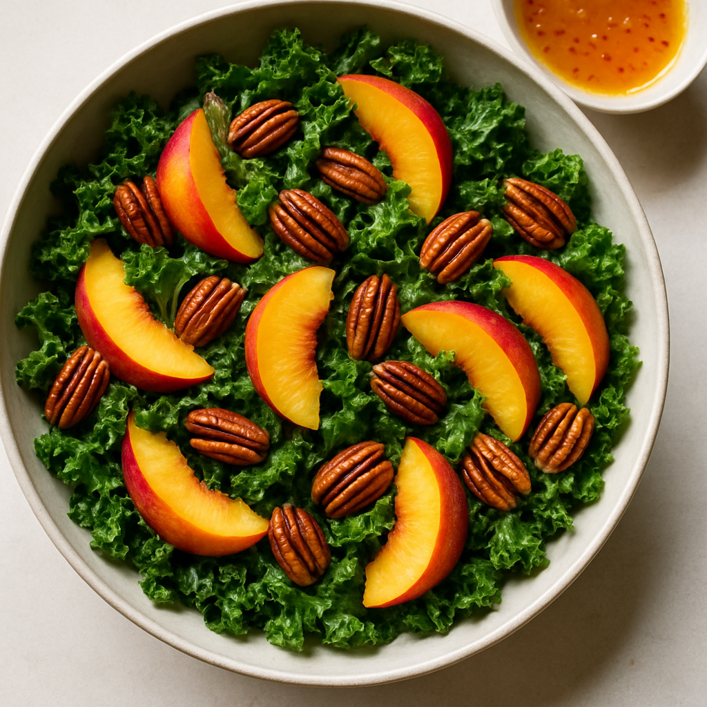 Ensalada de Col Rizada, Durazno y Nueces Pecan con Vinagreta de Miel Picante