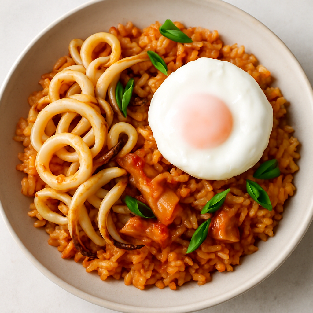 Kimchi Fried Rice with Sautéed Squid and Poached Egg