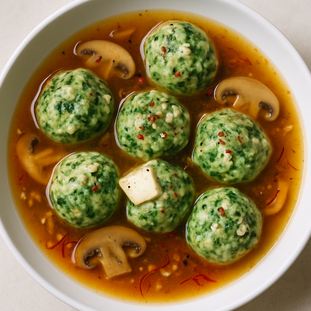 Spinach and Feta Gnudi in Mushroom-Saffron Broth