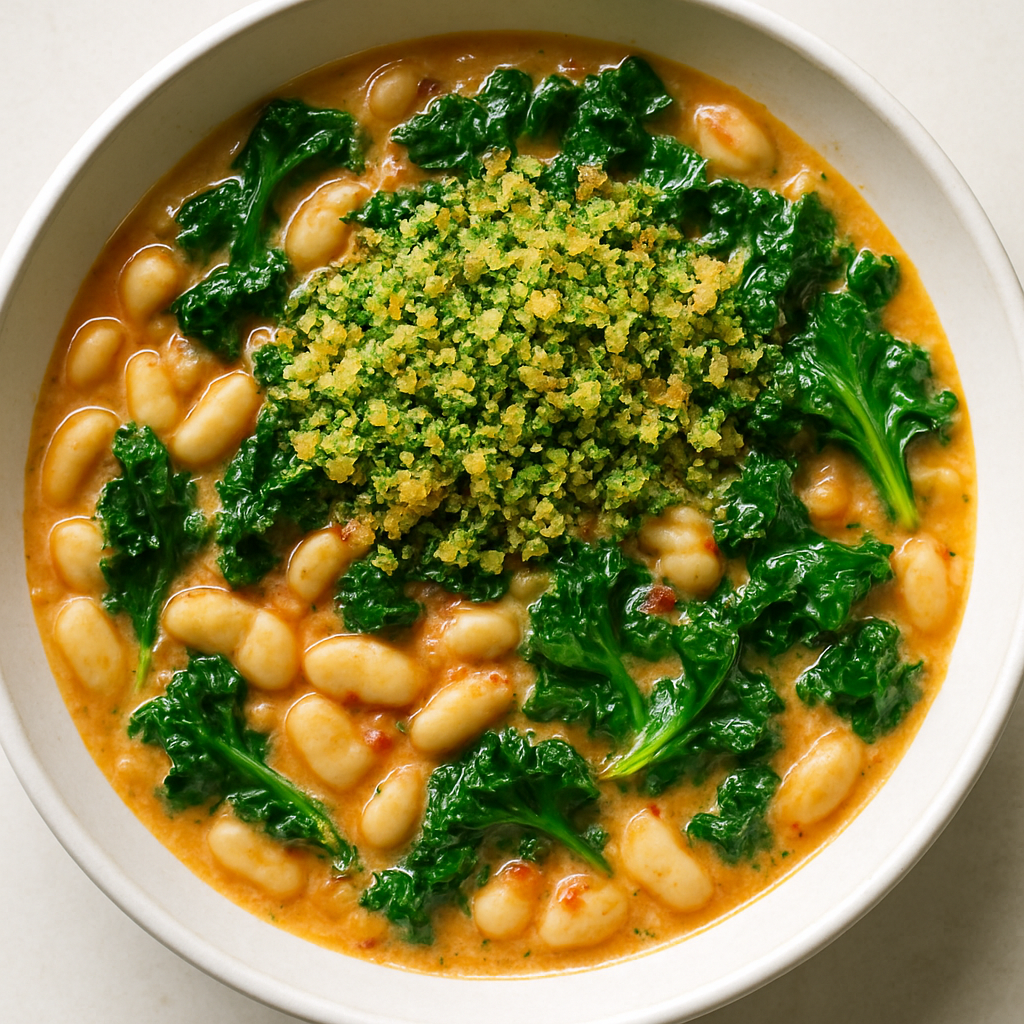 Judías Blancas Cremosas con 'Nduja, Col Rizada y Migas de Pan Gremolata