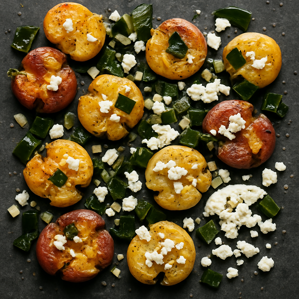 Papas Rostizadas Aplastadas con Poblanos y Queso Fresco