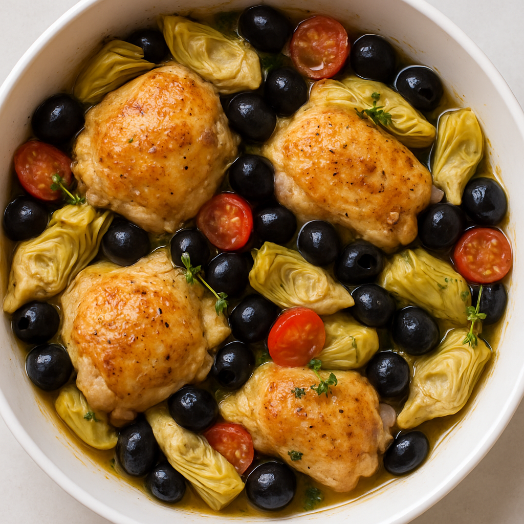 Pollo al Horno con Alcachofas y Aceitunas