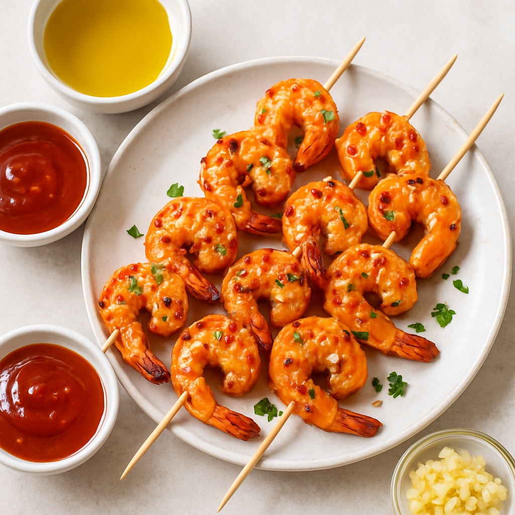 Brochetas de Camarones con Chile, Miel y Ajo