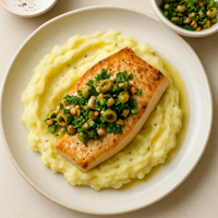 Seared White Fish with Olive Relish and Lemon Mashed Potatoes